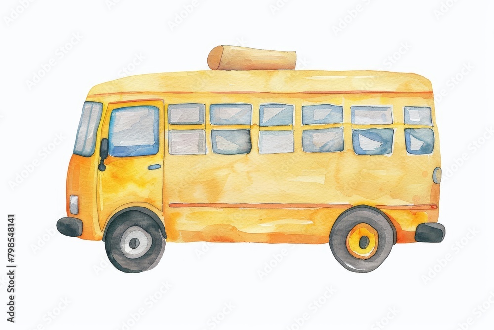 watercolor illustration of a yellow school bus, with a luggage rack on top