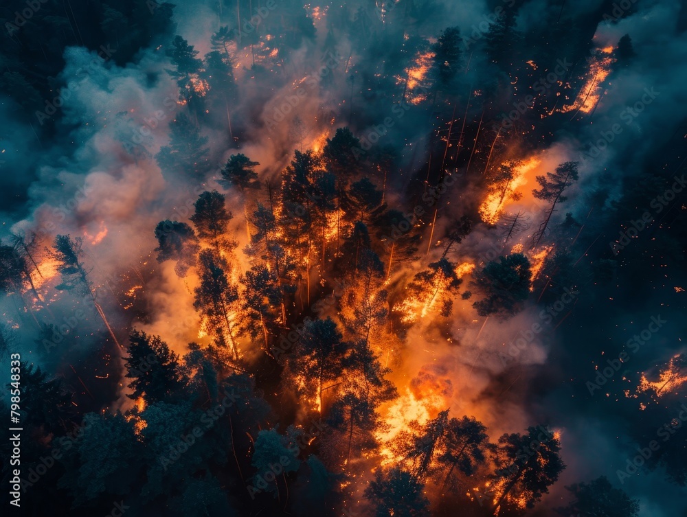 A wildfire burns through a forest, destroying trees and wildlife. The scene is one of devastation and loss. A wildfire burns through a forest, destroying trees and wildlife. The scene is one of devastation and loss.