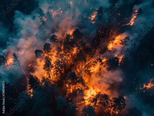 A wildfire burns through a forest  destroying trees and wildlife. The scene is one of devastation and loss.