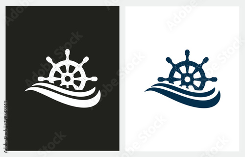 Ship Steering Wheel with Sea Waves logo icon vector of nautical maritime design