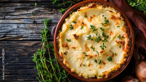 Homemade Traditional Shepherd s Pie with Creamy Mashed Potatoes and Fresh Herbs photo
