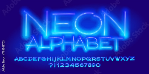 Neon alphabet font. Blue neon color letters and numbers. Stock vector typescript for your design.