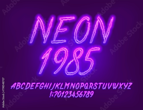 Neon 1985 alphabet font. Neon color letters and numbers. Stock vector typescript for your design.