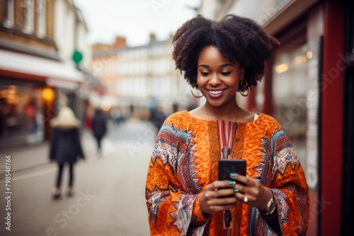 City Vibes: African Woman Engrossed in Smartphone. Generative ai © Scrudje