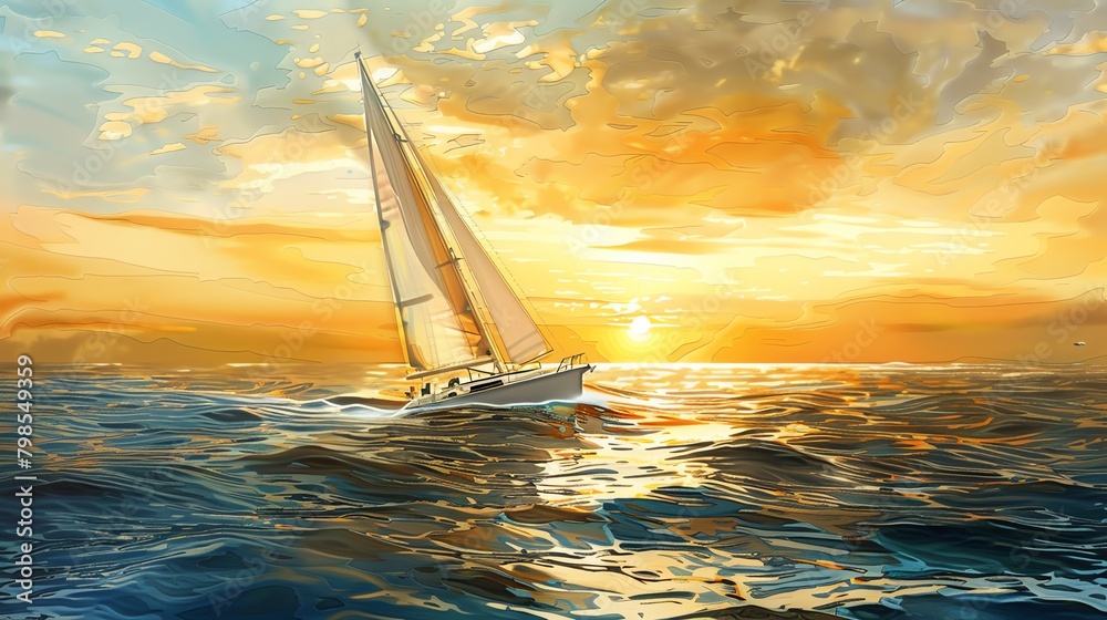 Capture the serene beauty of a lone sailboat gracefully gliding across the tranquil