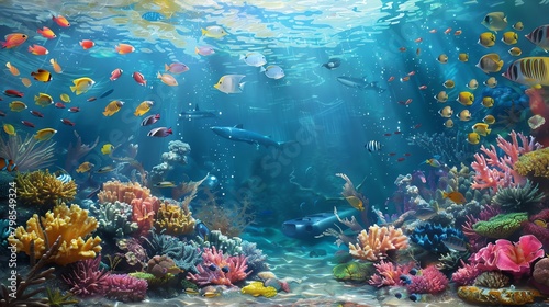 Illustrate a mesmerizing underwater world with a school of shimmering fish #798549324