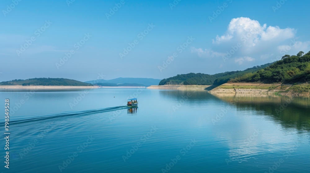 A boat sailing on the calm waters of a reservoir formed by a dam, leisure seekers enjoying recreational activities in the scenic expanse.