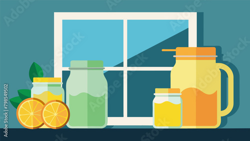 A sunny window filled with several mason jars containing various natural homemade stain removers like lemon juice baking soda and white
