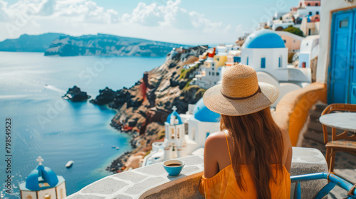 Relaxing at Oia cafe, woman enjoying Greek coffee, scenic view of blue domes and sea © saichon