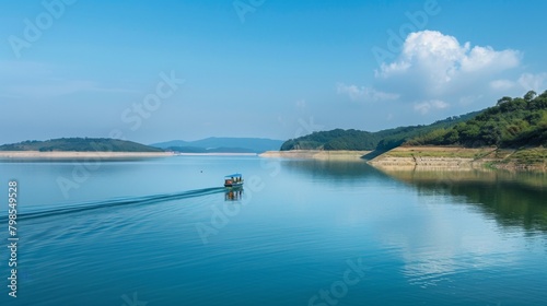 A boat sailing on the calm waters of a reservoir formed by a dam, leisure seekers enjoying recreational activities in the scenic expanse. © Plaifah