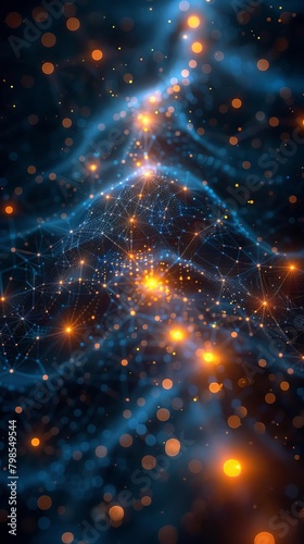 A glowing network of orange and yellow dots and lines on a dark blue background.