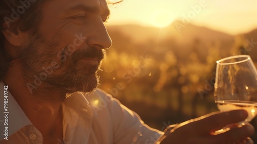 The First Sip Describe the winemaker as he takes a thoughtful first sip, the golden sunset lighting up his face, highlighting his expression of keen anticipation and professional scrutiny photo