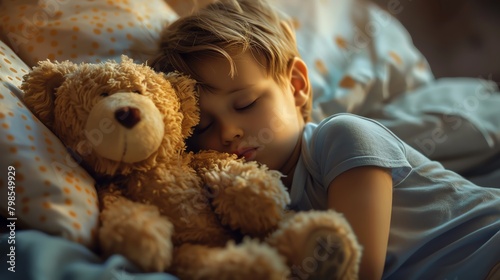 Comfort Companion Describe a scene where a child clings to their teddy bear while tucked in bed, feverish and unwell, finding solace in the familiar embrace of their plush companion during illness photo