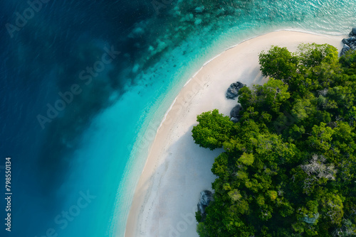 Serene tropical beach with crystal-clear waters and lush greenery © Edvvin