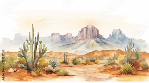 Watercolor western scene with cactus and mountain, minimalist style, isolated on white background. AI generated