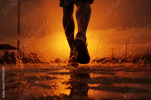Close up foot person running on the runway at sunset  just finished raining 