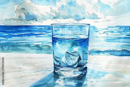 Craft a serene ocean scene through a rear view water glass, capturing the calming shades of blue in a watercolor style, highlighting the play of light and shadow