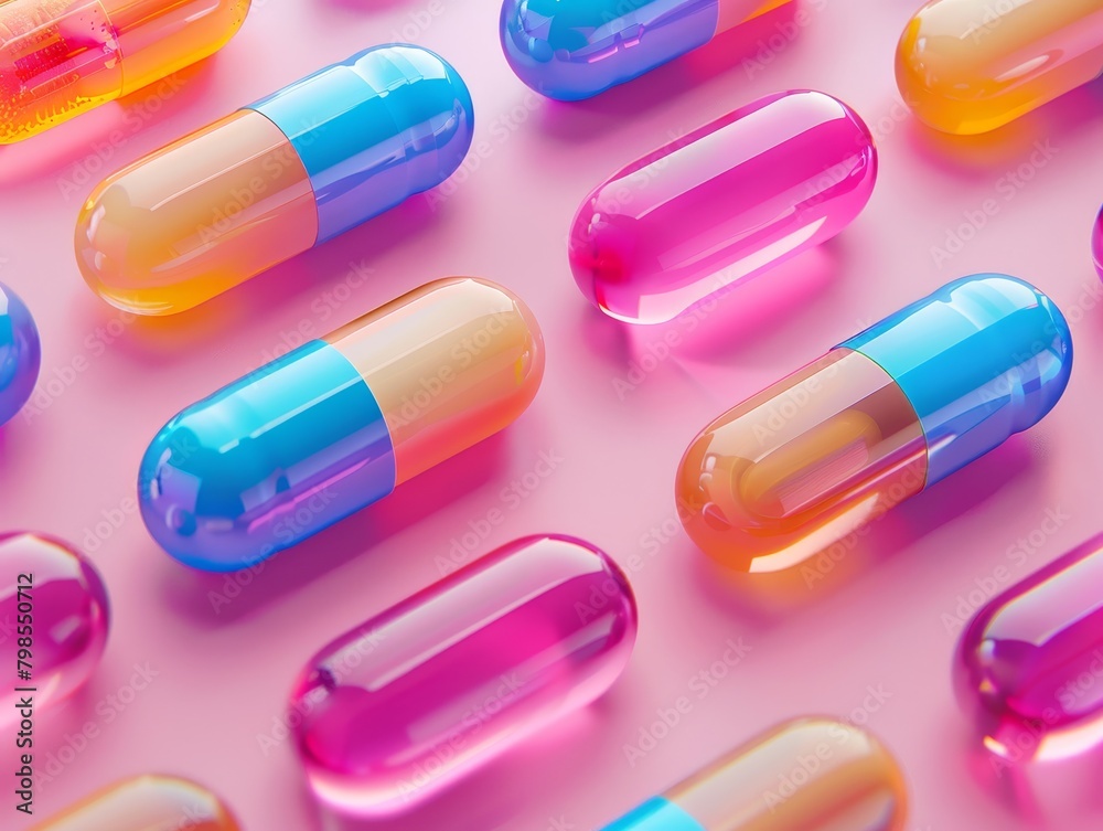 A row of colorful pills are lined up on a pink background A row of colorful pills are lined up on a pink background