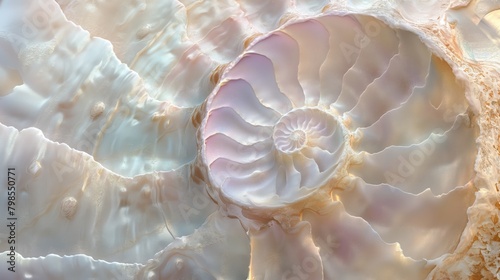 A macro close-up view of an ammonite shell, showcasing a seamless texture of its spirals in pearlescent and pastel hues, designed to highlight the abstract fossil. AI generated