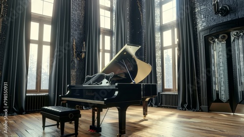 Classic music room with gothic windows, conveys sophistication, suitable for cultural or historical articles.
