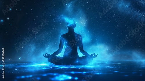 Transparent human figure meditating in blue on galaxy background. AI generated