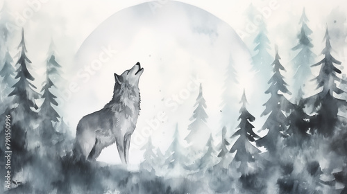 A serene watercolor painting featuring the silhouette of a howling wolf composed of a wintery forest scene. AI generated photo