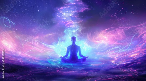 A transparent human figure meditating in a vibrant blue aura, set against a simple yet profound galaxy background, focusing on the calm and clarity of the cosmos. AI generated #798551123