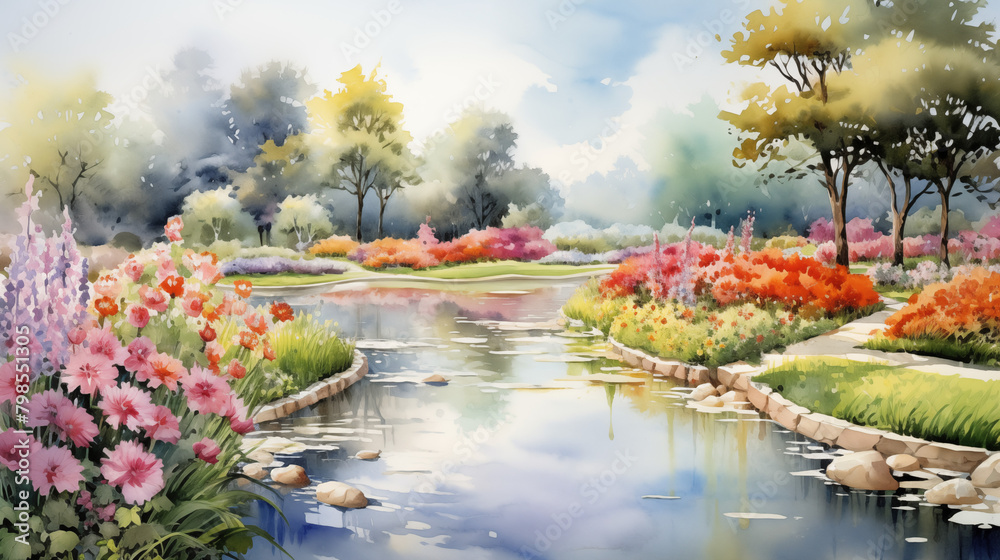 watercolor painting of a sunlit garden scene, a pond reflecting the sky. AI generated