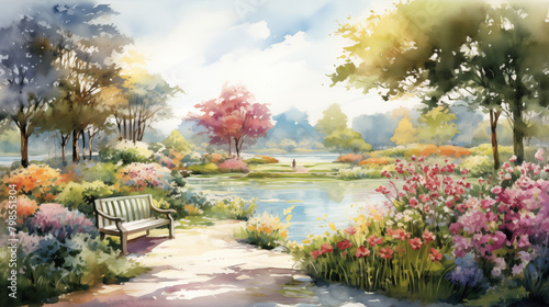 watercolor painting of a sunlit garden scene, with colorful flower beds and a small pond reflecting the sky. AI generated