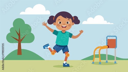 A young child with a congenital limb deficiency happily skips on the playground playing alongside her peers thanks to her smart neuroprosthetic arm..