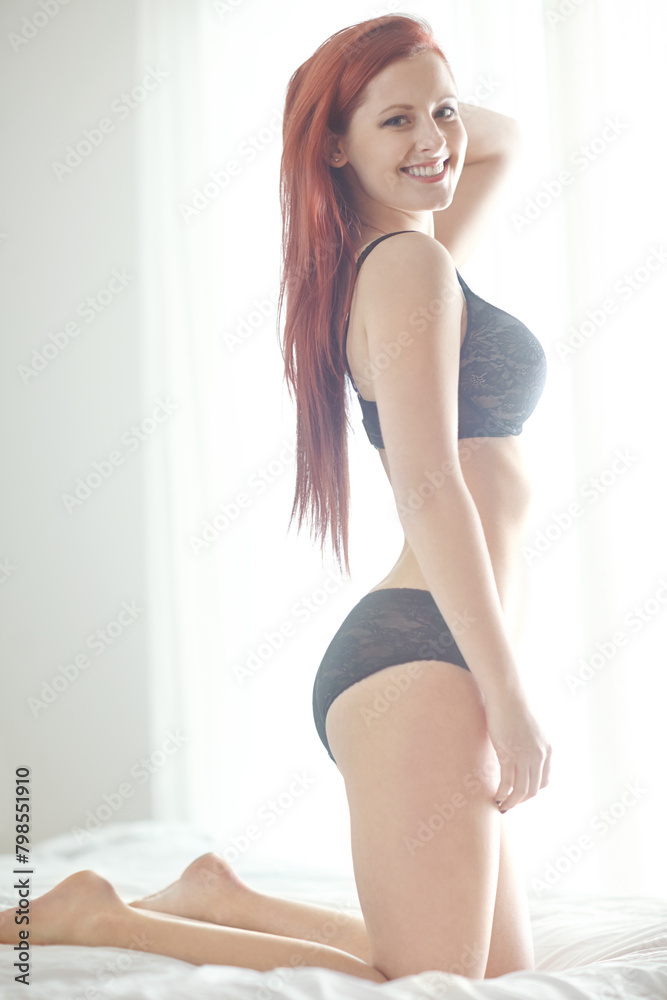 Girl, lingerie and bed with portrait with smile for healthy body, confidence and relax in home. Woman, person and wake up in underwear, holiday and happy on sheets in bedroom at apartment in Dublin Girl, lingerie and bed with portrait with smile for healthy body, confidence and relax in home. Woman, person and wake up in underwear, holiday and happy on sheets in bedroom at apartment in Dublin