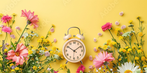 Daylight saving time concept. Summer time, winter time, changeover, switch of time. Seasonal spring or summer time. Clock as a timer for celebrations. Retro alarmclock on yellow background