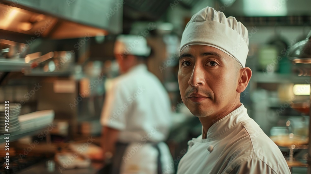 The picture of the professional chef is working inside kitchen of the restaurant, the job about preparing food require experience, cooking skills and concentration, chef must know best flavor. AIG43.