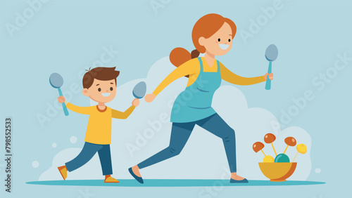 A mother and son duo balancing eggs on ss as they compete in the classic egg and s race.