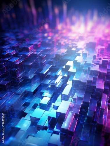 The image is a glowing 3D render of a circuit board with blue and purple neon lights.