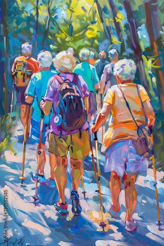 Illustrate a detailed oil painting of a serene rear view of elderly people engaged in a dynamic fitness routine at a lively outdoor park Capture their joy and energy in vibrant col
