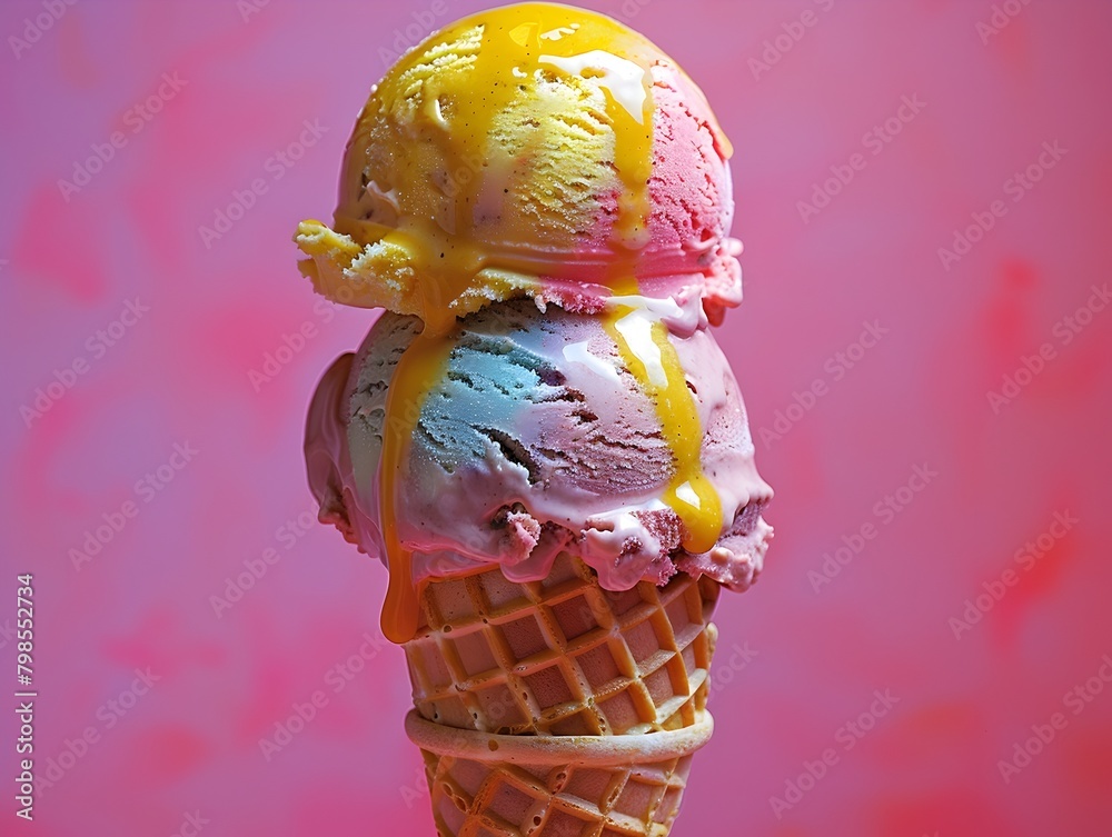 Sumptuous and Creamy Rainbow Ice Cream Scoop Dripping with Luscious Texture in a Classic Cone on a