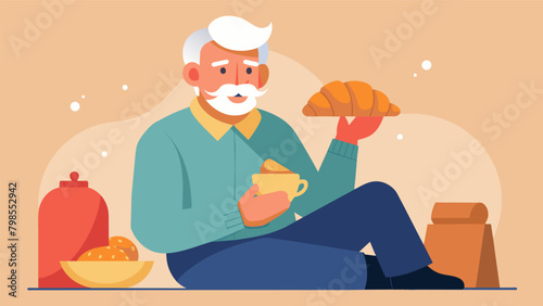 One elderly man sits in his usual spot enjoying his favorite croissant and telling stories of his travels to the other customers.. Vector illustration