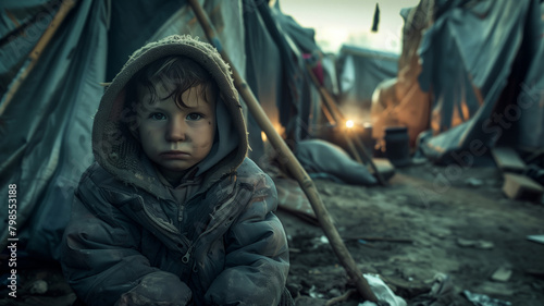 A small refugee child sits at a tent in a dirty, neglected area of a refugee camp. The child is wearing a hooded jacket and he is crying