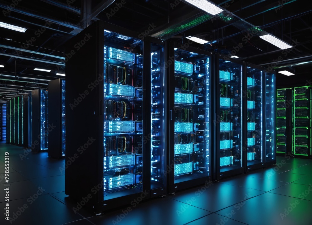 Modern Data Technology Center Server Racks in Dark Room with VFX.