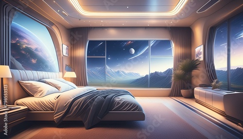 Image of a room with a bed and a window in outer space and with the view from the window to the space