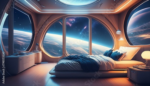 Image of a room with a bed and a window in outer space and with the view from the window to the space photo