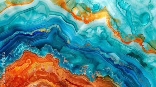 Glossy Agate-Inspired Surface in Teal Blue and Bright Orange Alcohol Ink.