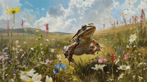 A frog hopping through a field of wildflowers, its agile movements and playful demeanor adding charm to the natural landscape. photo