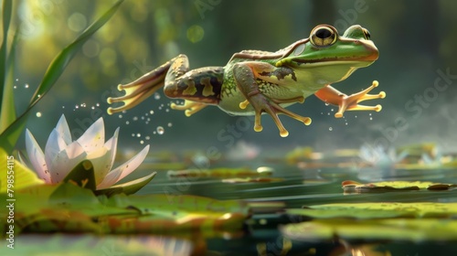 A frog leaping gracefully from one lily pad to another, its powerful legs propelling it through the air with effortless grace.