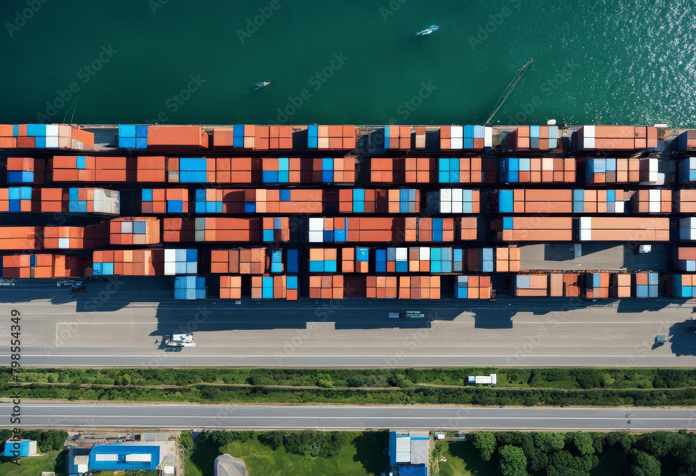 ship container import transportation export logistics shipping business cargo box transport crane harbor water international top aerial view company freighter delivery