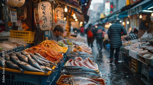 A bustling seafood market in Japan, with vendors selling a variety of freshly caught fish and shellfish. photo