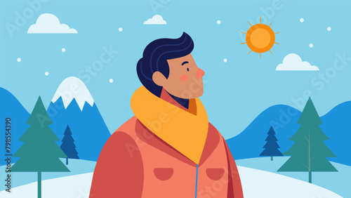 A man soaking up some vitamin D by spending time outside on a sunny winter day bundled up in warm clothes..