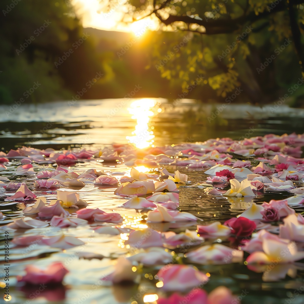 Serene river with floating petals, surrounded by lush flowers, golden hour, soft focus Serene river with floating petals, surrounded by lush flowers, golden hour, soft focus