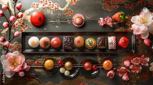 A beautifully presented Japanese dessert platter, featuring an assortment of delicate sweets and pastries.